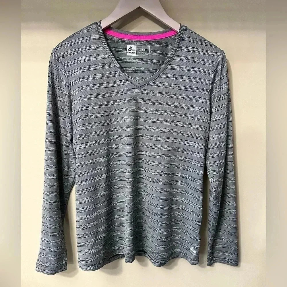 RBX Athletic Shirt Women’s Gray Striped Long Sleeves V-Neck Pullover Large